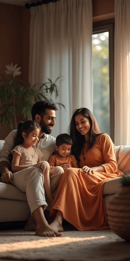 A happy family on the sofa